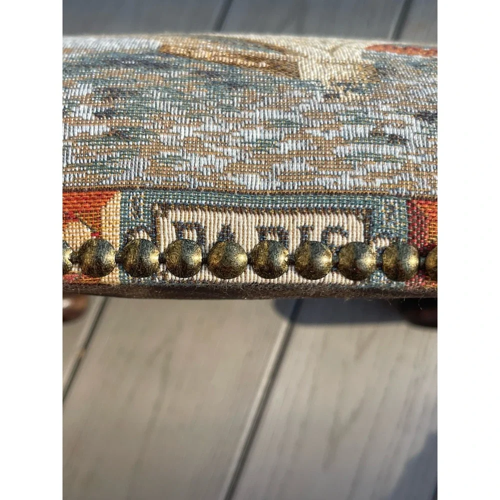 Vtg Wooden Footstool Paris Tapestry Fabric Cottagecore Décor Ottoman Button Legs